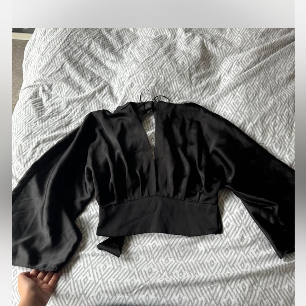 Black satin crop top with tie back #croptop